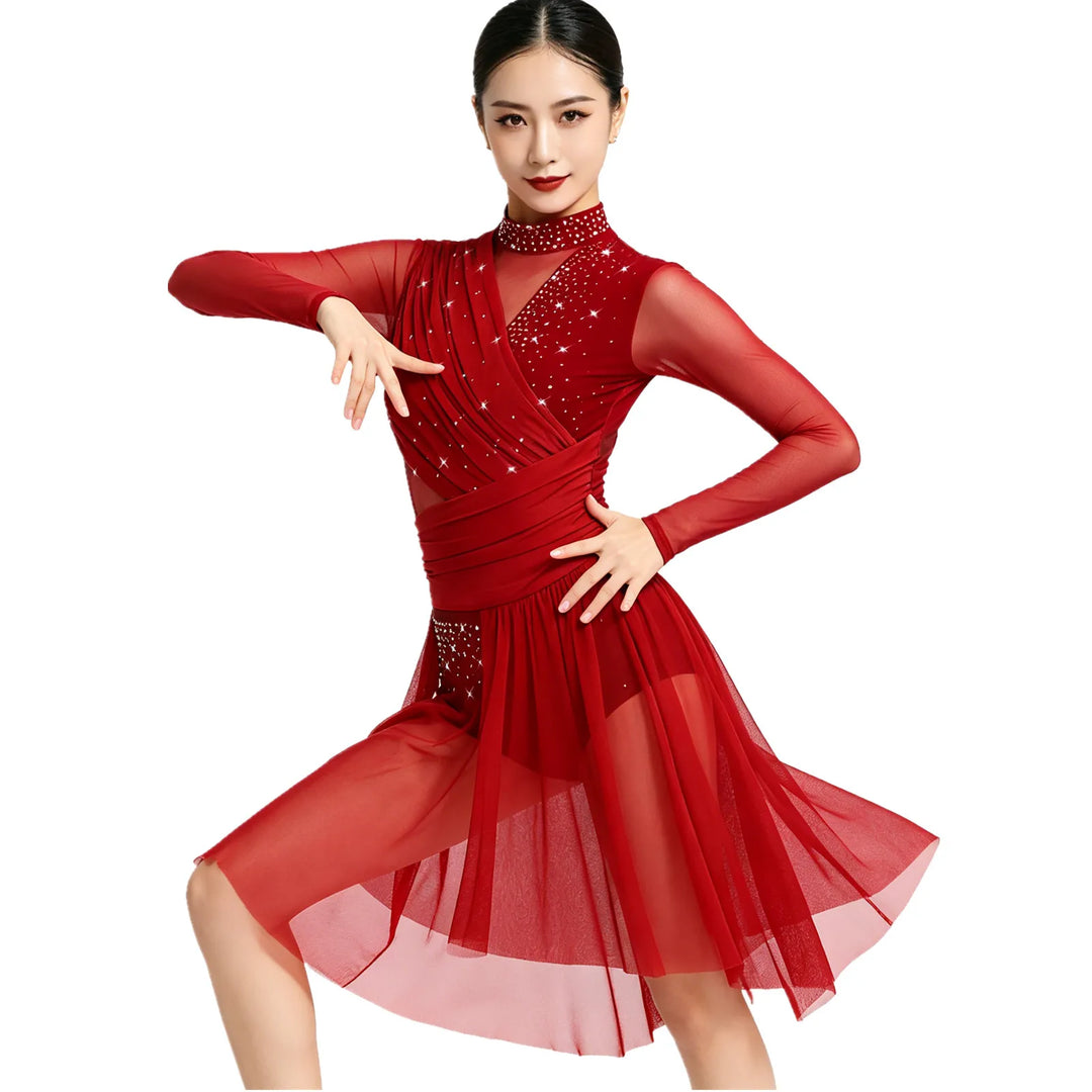 Womens Gymnastics Lyrical Ballet Dance Glittery Rhinestone Dress Ruched Backless Leotard Dresses Contemporary Dance Costumes