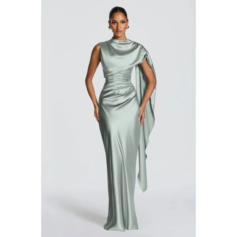 Women's Elegant Party Dresses Draped Cape Satin Evening Gown, High Neck Corset Back Formal Dress with Ruched Waist 2026
