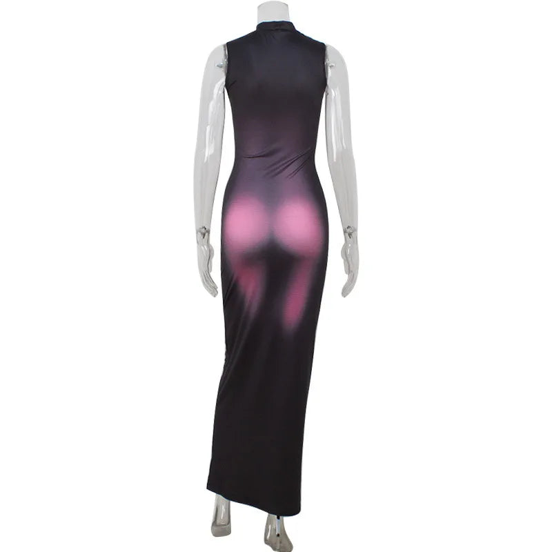 Body Print Dresses For Women Fashion Sexy Tank Streetwear Sleeveless O-Neck Sheath Hip Wrap Long Vestidos Robes Female Clubwear