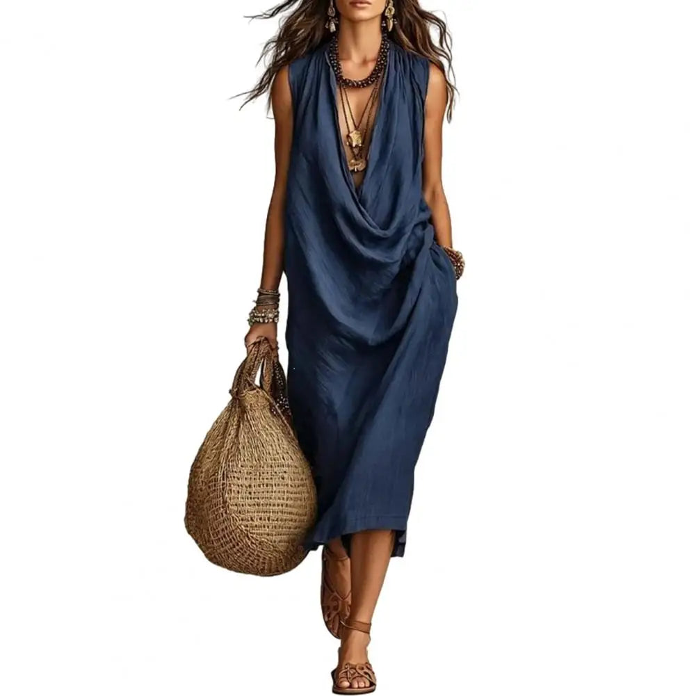 Lightweight Sleeveless Dress Sleeveless Dress for Women Women's Draped Deep V Neck Dress Summer Sleeveless Loose Flowy Casual