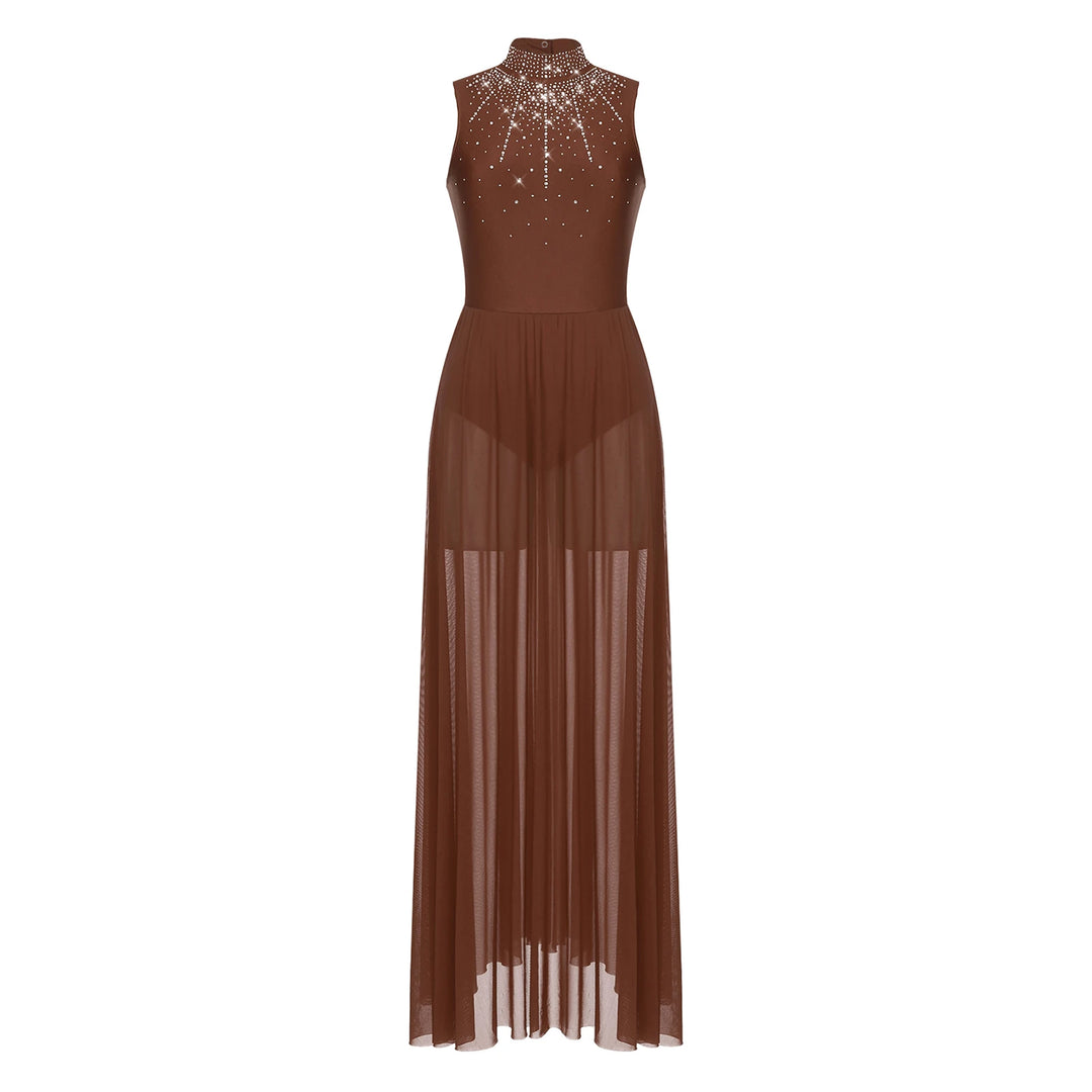 Womens Lyrical Dance Dresses Mock Neck Wide Hemline Shiny Rhinestones Maxi Dress Sleeveless Modern Contemporary Leotard Dresses