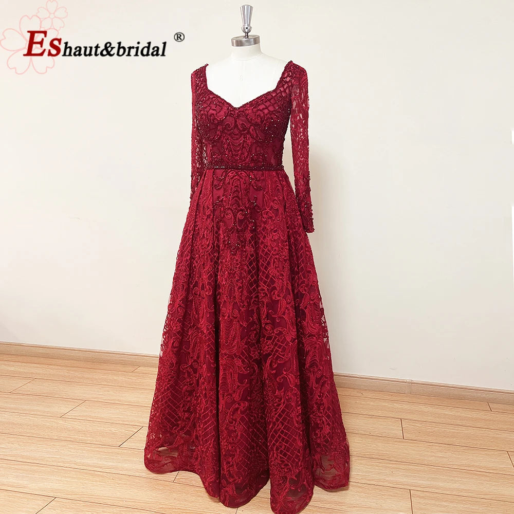 Elegant Dubai Muslim Evening Dress for Women 2026 Long Sleeves Aline V-Neck Lace Wedding Prom Formal Party Gowns Customized