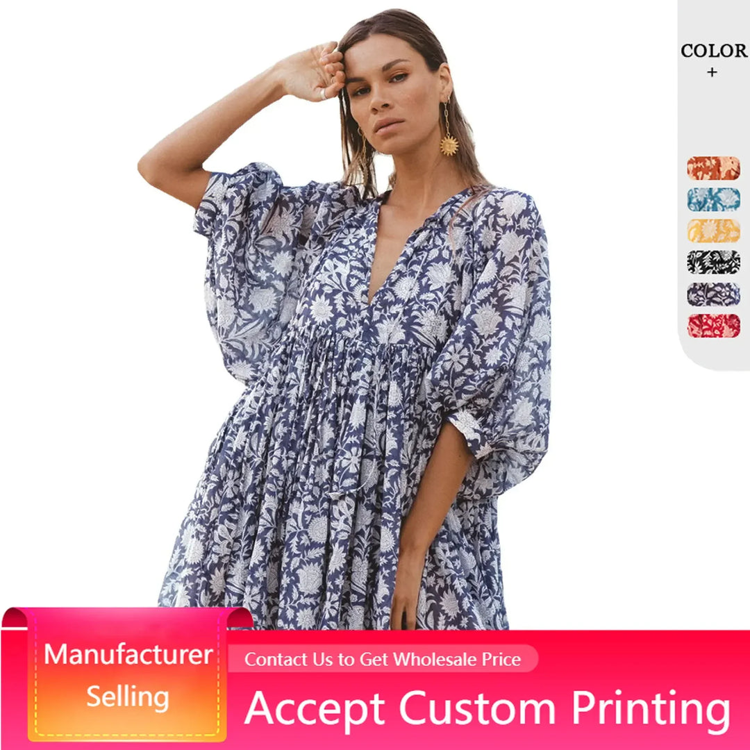 Women Dresses Summer  V Neck Tied Rope Loose Casual Dress Half Sleeve Printing Sundress Boho Dress Beach Vacation Short Dress