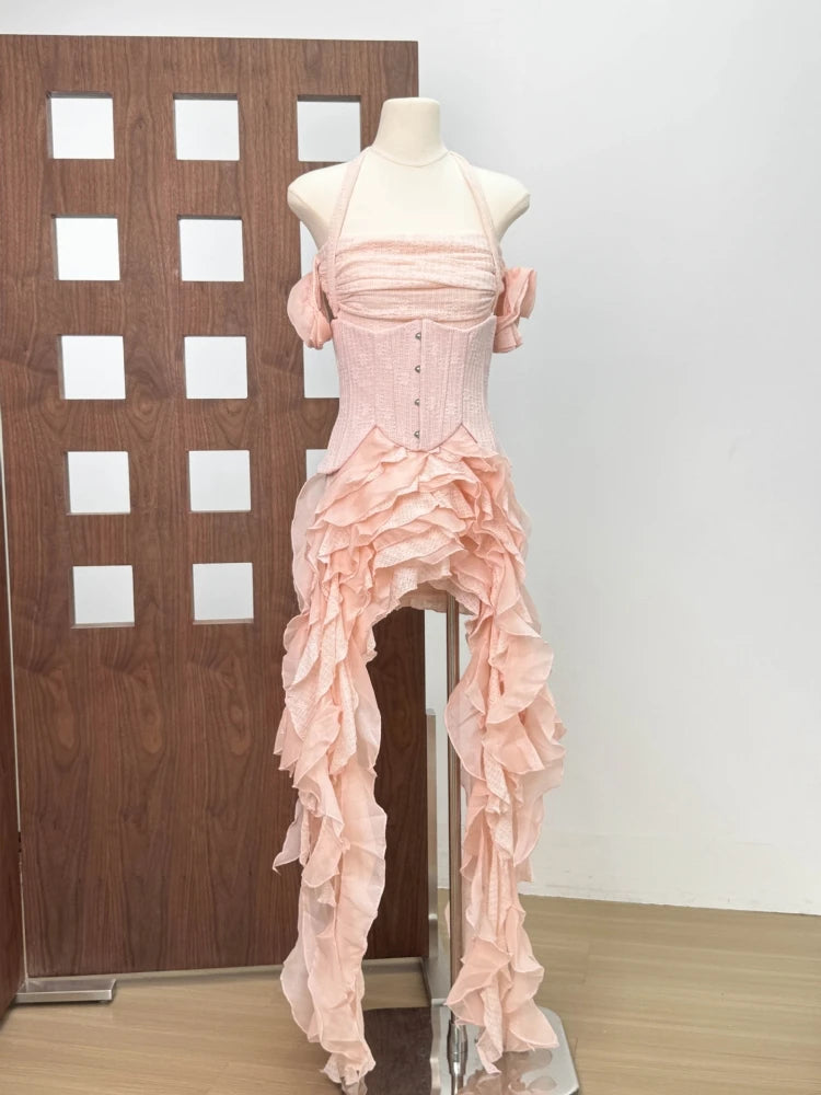 Women Ruffles Draped Dress Three Piece Sets Sexy Halter Neck Folds Ruffled Dress+Lace-up Corset Top+Shorts Suits Party Cocktail