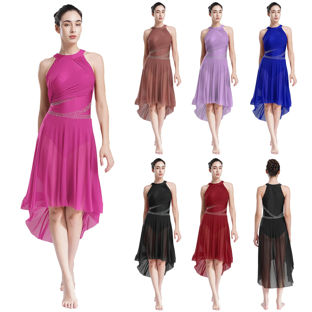 Women Adult Lyrical Dance Dress Modern Contemporary Costume Sparkly Rhinestones Ruched Asymmetrical Hem Ballet Dancewear