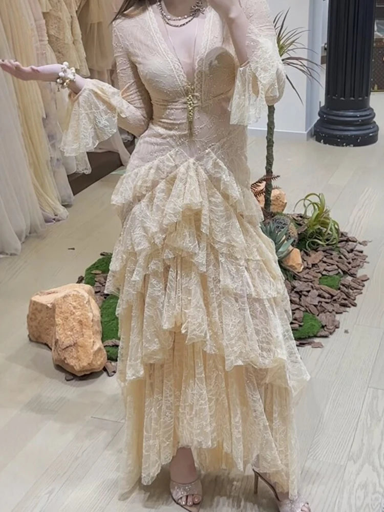 Women's Dresses: Elegant & Stylish V-Neck, Flared Long Sleeve, Layered Lace Tiered "Cake" Dress — 2026 Summer New Arrival