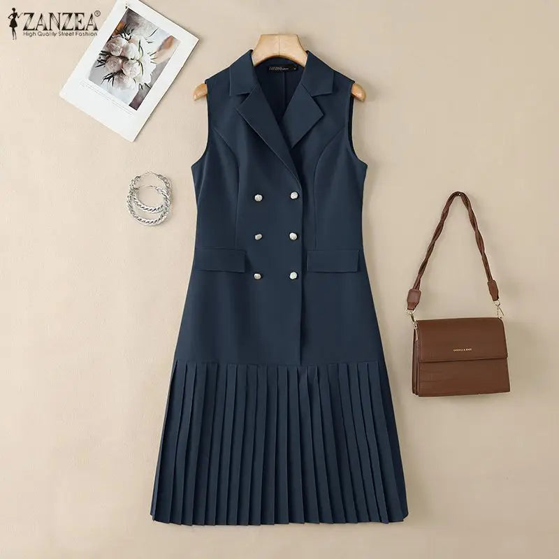 Women's Office Wear Pleated Midi Dresses Elegant Notched Lapel Double-Breasted Sleeveless Blazer Dress Summer Solid Robes Femme