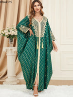 Load image into Gallery viewer, Muslim Dresses Women Elegant Long Robe Middle East Dubai Loose Abaya Bat Sleeve V-neck Tassel Evening Dress Femme Party Vestidos