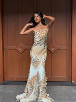 Load image into Gallery viewer, Women's Leopard Print Long Maxi Dress Halter Neck Plunge Front Tiered Ruffle Mermaid Skirt Elegant Party Cocktail Daily Gowns