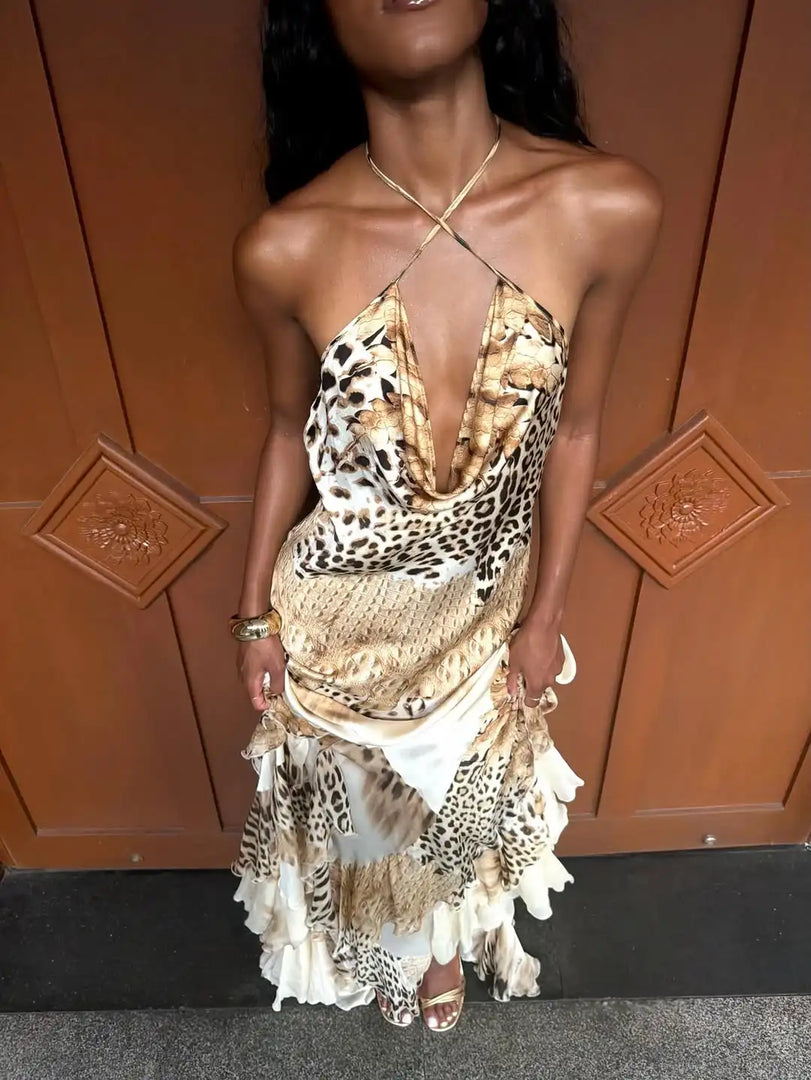 Women's Leopard Print Long Maxi Dress Halter Neck Plunge Front Tiered Ruffle Mermaid Skirt Elegant Party Cocktail Daily Gowns