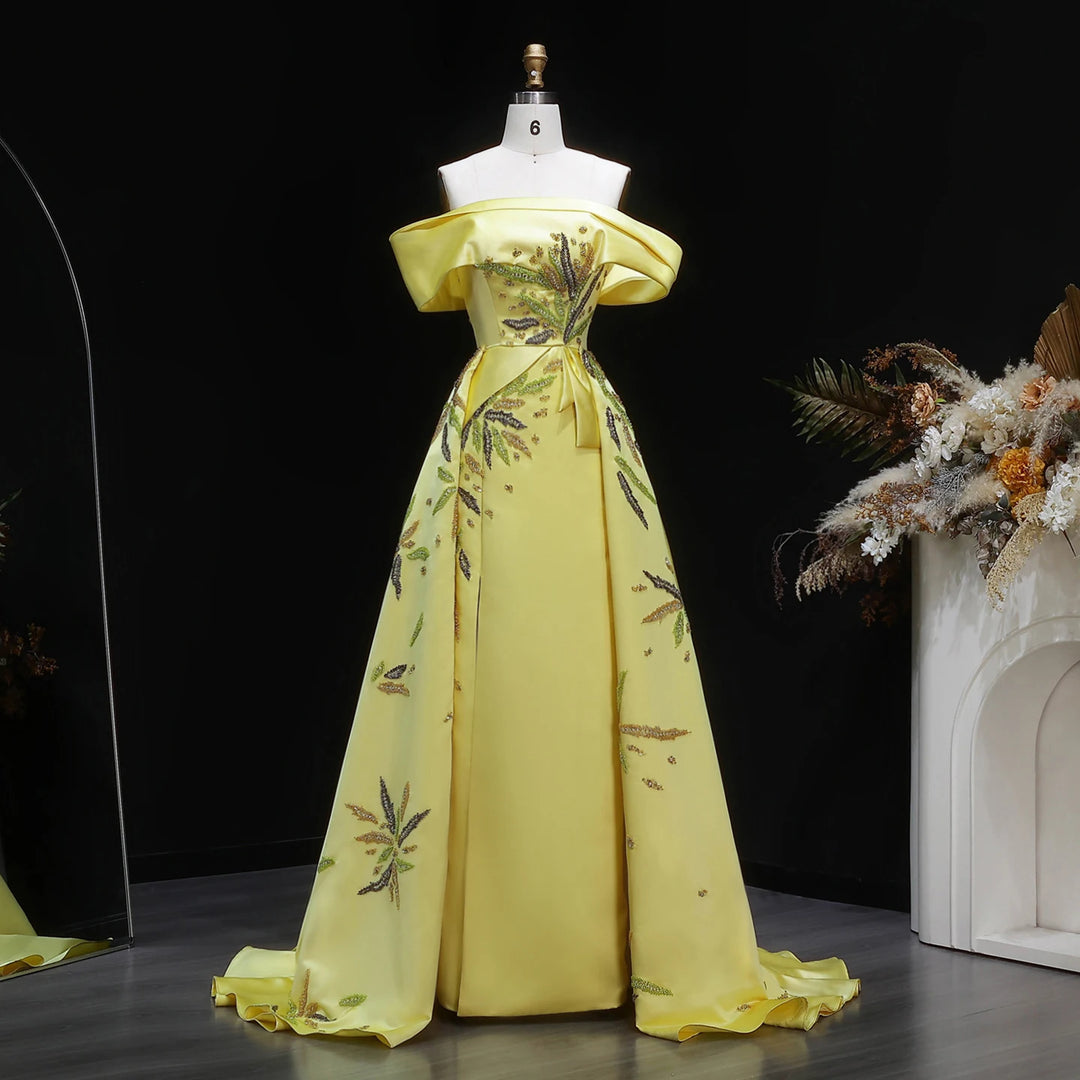 Sharon Said Evening Dresses Elegant Sheath Satin Beaded Dubai Luxury Formal Party Wedding Prom Gowns Over Skirt SS447 Customized