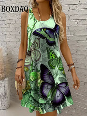 Dresses For Women 2025 Women Vacation Beach Summer Vest Butterfly Flowers Loose Dress Sundress Casual 3D Print Sleeveless Dress