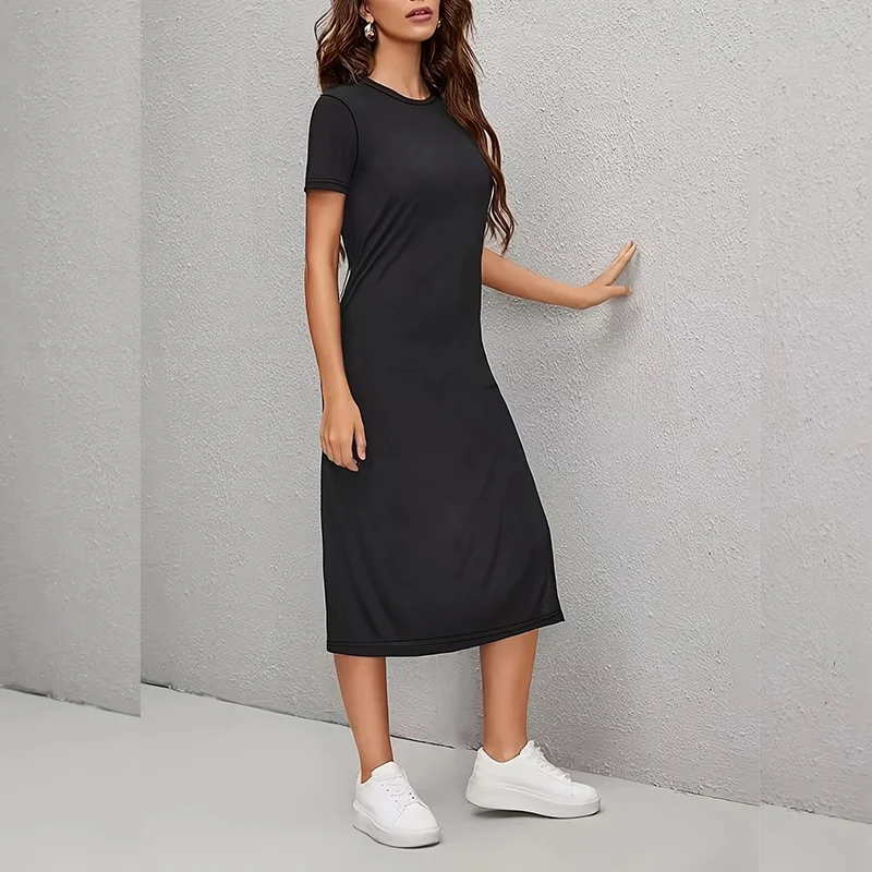 Women's Elegant Summer Dress with Round Neck and Slit Hem, Suitable for Daily Work, Casual Wear, Shopping, Parties, and Concert Outfits