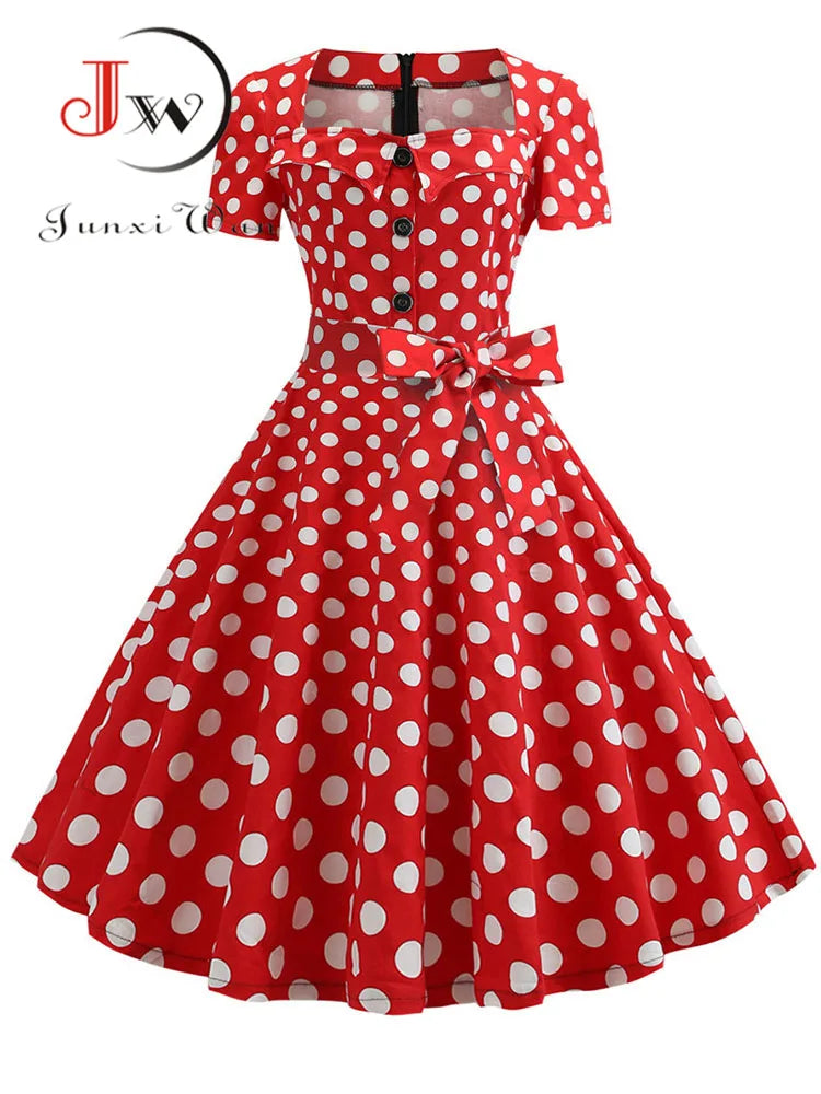 Women Summer Dress Elegant Retro Vintage 50s 60s Robe Rockabilly Swing Pinup Dresses Casual Red Party Vestidos