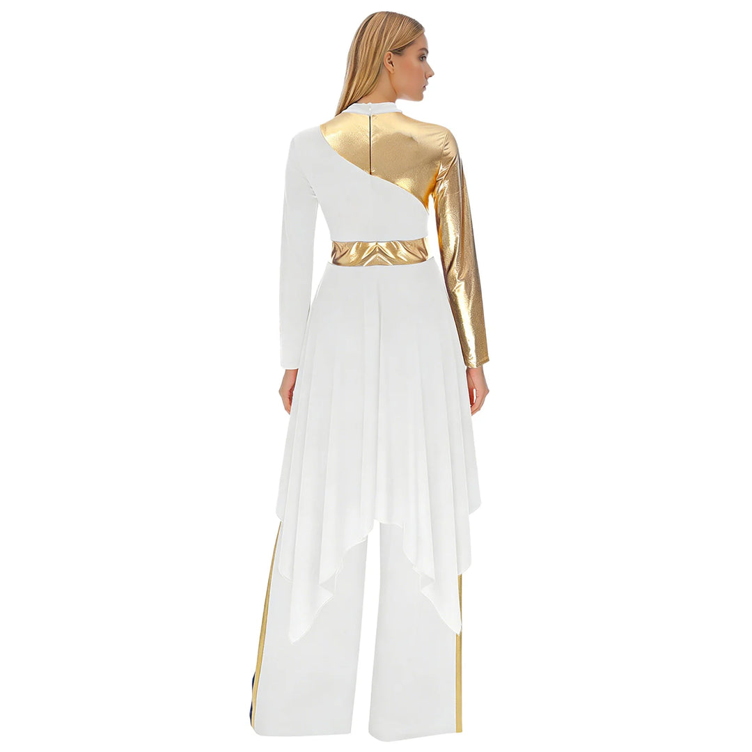 Women Worship Liturgical Dance Performance Costume Lyrical Dresses 2pcs Long Sleeve Asymmetrical Hem Dress with Wide-Leg Pants