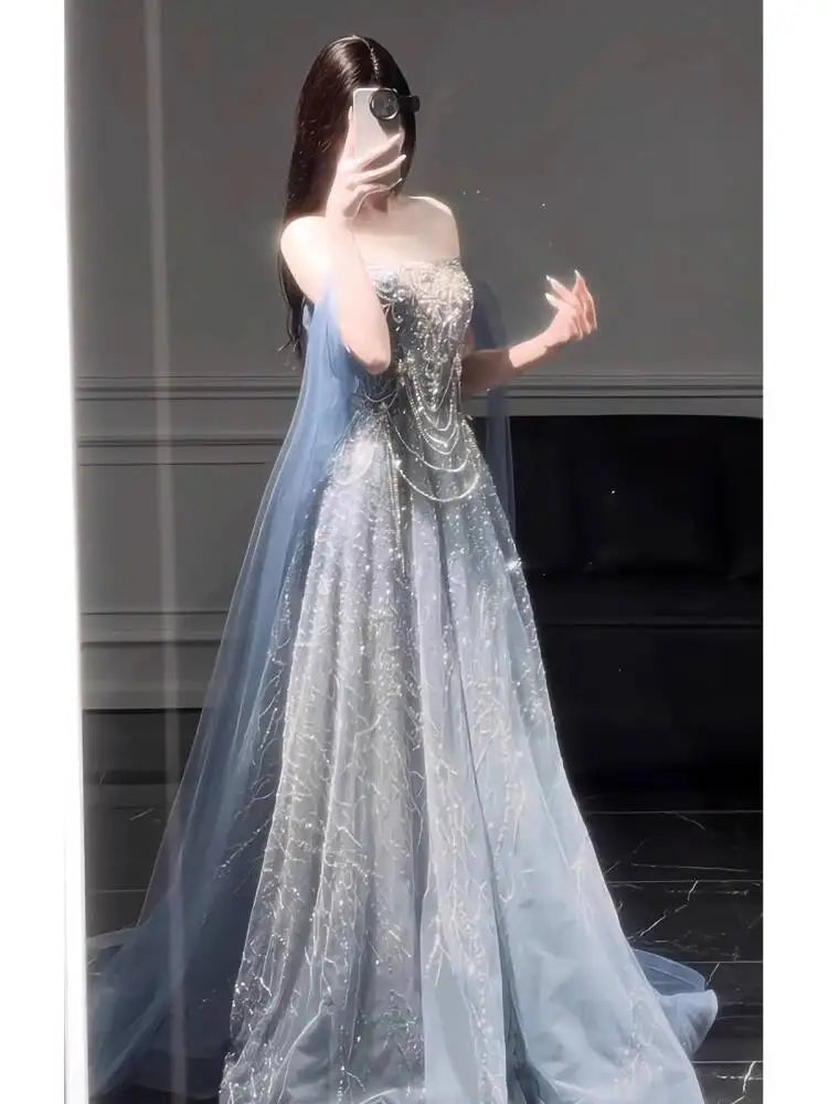 Blue Evening Dress For Women 2025 New High-End Sense Of Style Coming-of-Age Dress High-End Light Luxury Annual Meeting Art Exam