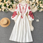Load image into Gallery viewer, Bohemian Embroidered Dress for Women, Boho, Flower, O-Neck, Lantern Long Sleeve, High Waist, Cotton, White, Spring