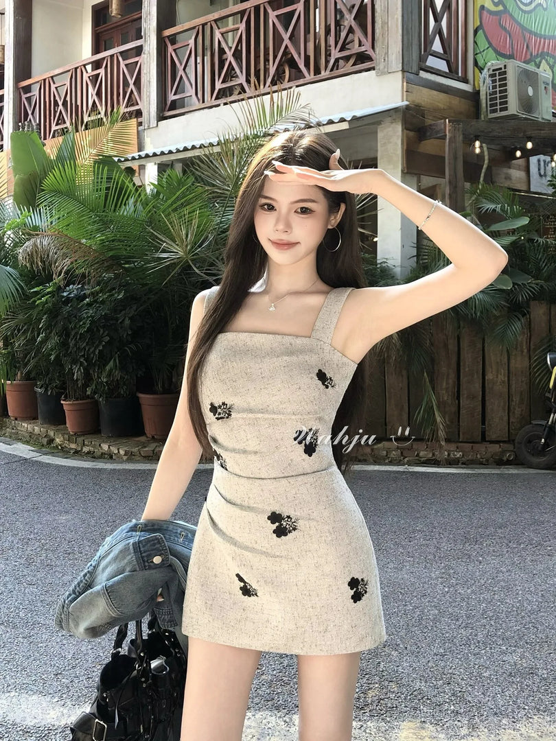 Women's Elegant Slip Dress with Vintage Embroidery Print