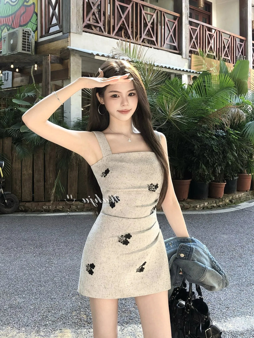 Women's Elegant Slip Dress with Vintage Embroidery Print