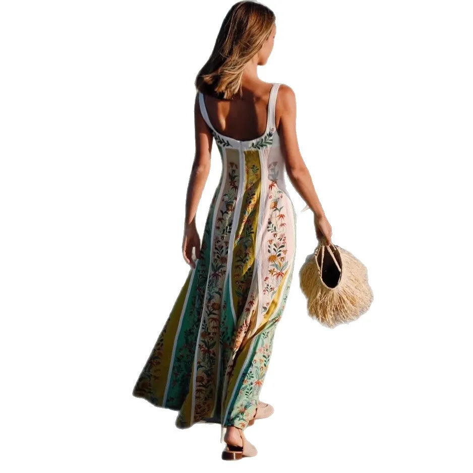 Women Elegant Sleeveless Party Dresses Casual Deep V Neck Maxi Dress Sexy Ladies  Backless High Waist Print Dress Vestidos