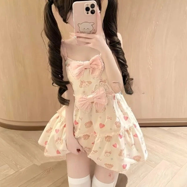 2025 Vestidos De Mujer Cute Dresses For Women Cartoon Print A-line Sweet Robe Femme Sleeveless High Waist Bow Summer Sling Dress
