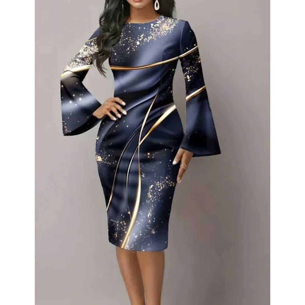 Women's Elegant Bodycon Dress with Flared Sleeves Unique Blue & Gold Metallic Swirl Print Boho Chic Midi Dress for Night Out