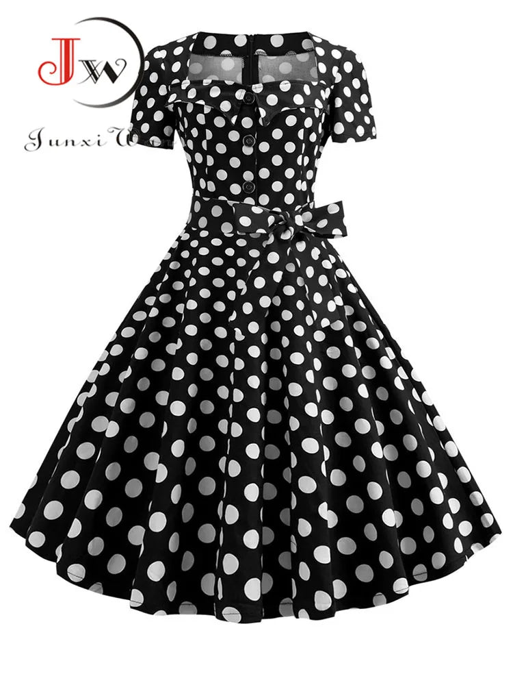 Women Summer Dress Elegant Retro Vintage 50s 60s Robe Rockabilly Swing Pinup Dresses Casual Red Party Vestidos