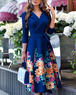 Load image into Gallery viewer, Women's Floral Printed Dress Turn-down Collar Ladies Fashion Elegant  Midi Dresses Vestidos Femenino Платье Женское Вечернее