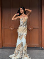 Load image into Gallery viewer, Women's Leopard Print Long Maxi Dress Halter Neck Plunge Front Tiered Ruffle Mermaid Skirt Elegant Party Cocktail Daily Gowns