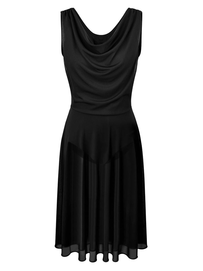 Adult Women Lyrical Dance Costume Modern Contemporary Dancewear V-Neck Backless Mesh Tulle Flowy Overlay Dress Stage Performance