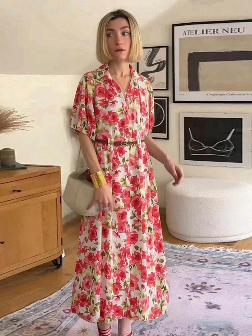 Women's Dresses Summer Female Fashion Floral Print Slim Dress With Belt Lady Chic High Waist V-Neck Bubble Short Sleeved Dress