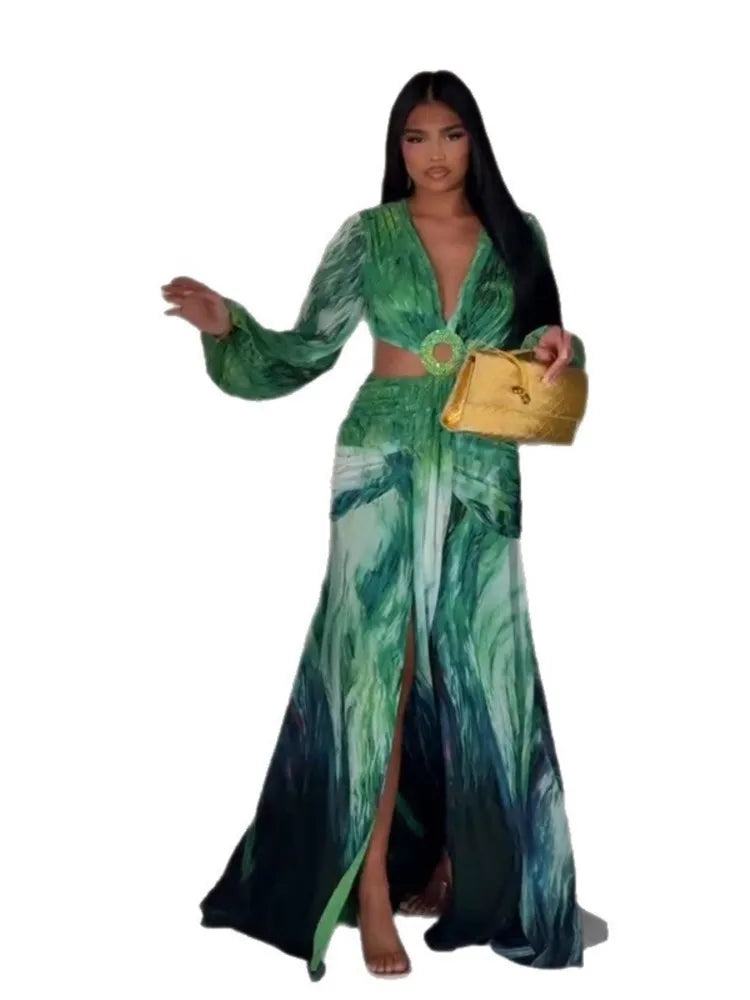 Women's Dress 2025 Fashion Summer New Vestidos Para Mujer Women's Vacation Elegant Style Long Sleeve Split Printed Slit Dresses