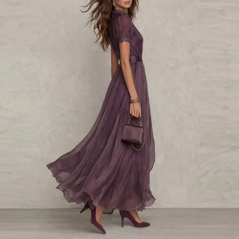 Women's Dress 2026 Summer New Style Stylish V-neck Waist Cinched Dress Breathable Slimming Ruffle Edge Girls' Big Swing Dress