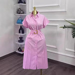 Load image into Gallery viewer, Long Dress Women Shirt Dresses Turn Down Collar Short Sleeve Belt Tight Waist A Line Vestidos Elegant Y2k Streetwear Work 2026