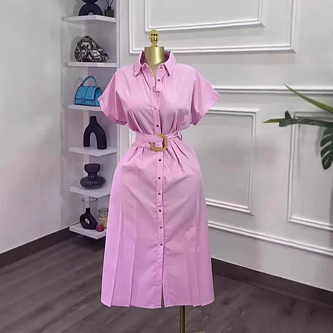 Long Dress Women Shirt Dresses Turn Down Collar Short Sleeve Belt Tight Waist A Line Vestidos Elegant Y2k Streetwear Work 2026