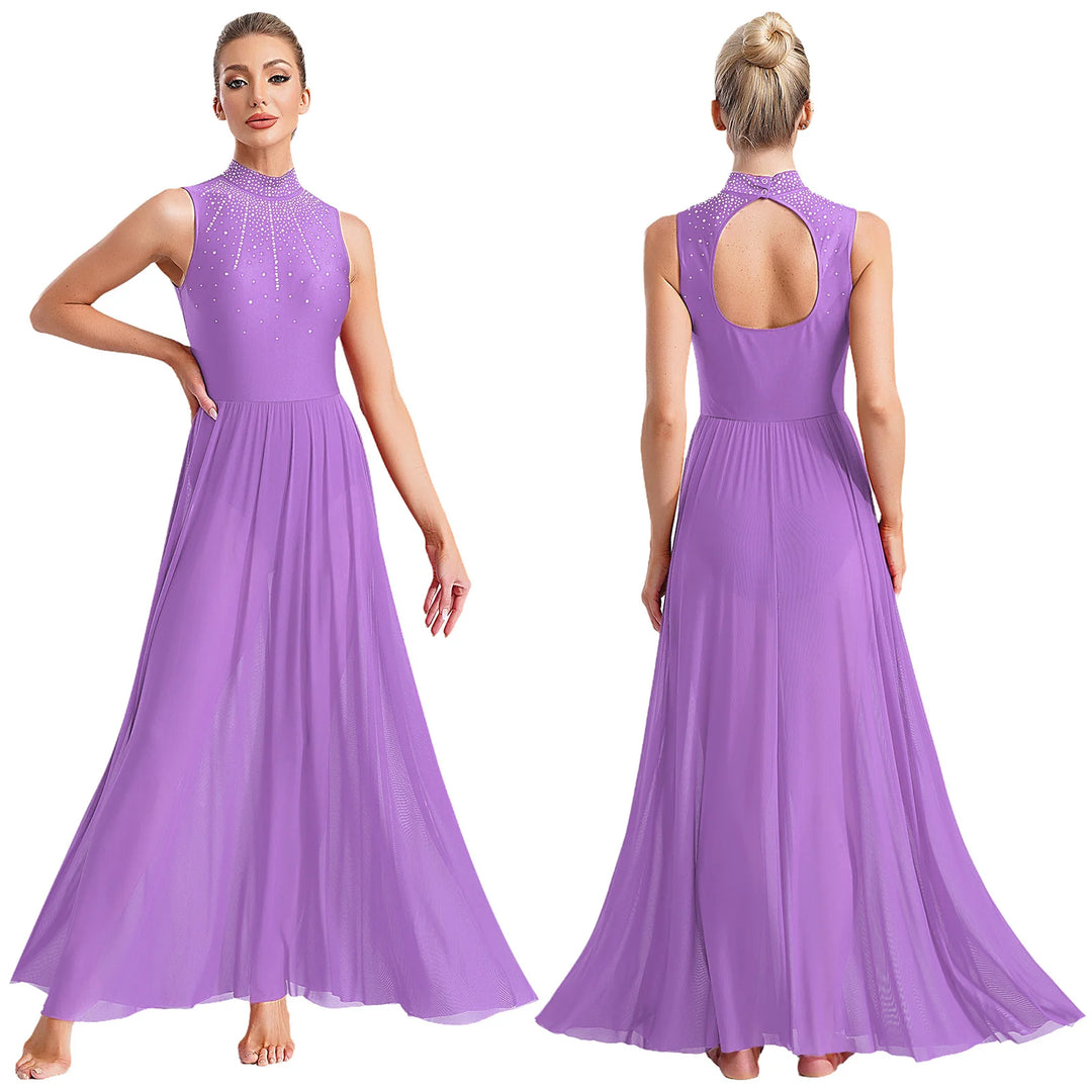 Womens Lyrical Dance Dresses Mock Neck Wide Hemline Shiny Rhinestones Maxi Dress Sleeveless Modern Contemporary Leotard Dresses