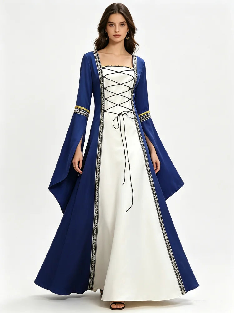 Women’s Medieval Costume Halloween Fashion Dress Vintage Full-Skirted Long-Sleeved Dress Lace-Detail Party and Casual Dress