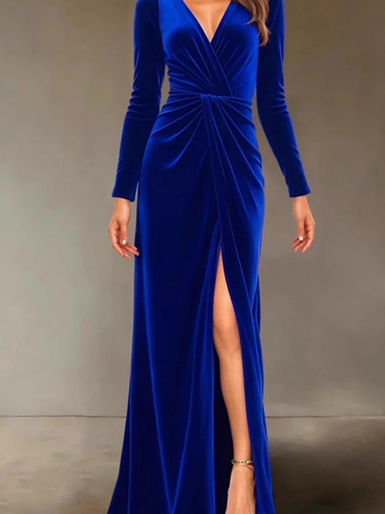 Velvet Dress for Women 2025 Autumn Winter New V-neck Slim Twist High Waist Evening Dress Sexy Solid Color Pleated A-line Dresses