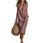 Lightweight Sleeveless Dress Sleeveless Dress for Women Women's Draped Deep V Neck Dress Summer Sleeveless Loose Flowy Casual