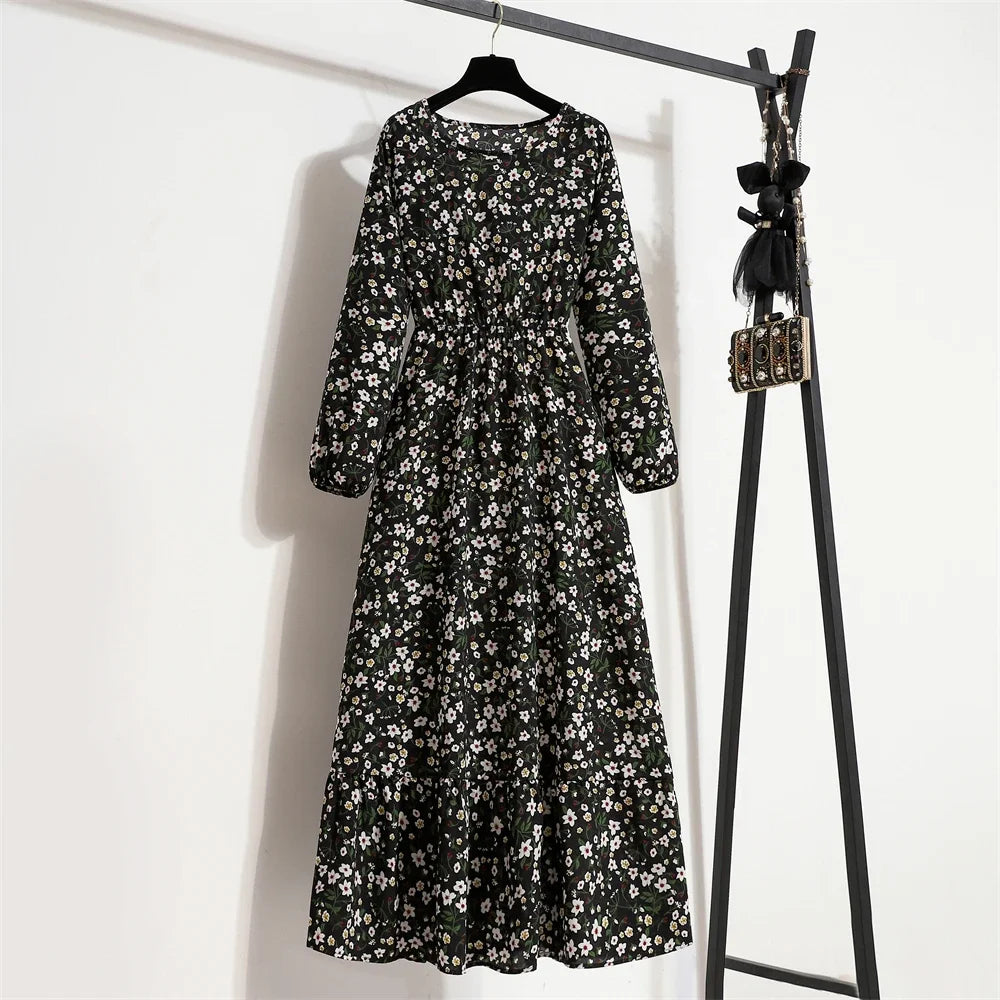 Women Long Dresses Spring Summer Casual Full Sleeve Floral geometry Printed O neck Woman Bohe Beach Party Dress Mujer Vestidos