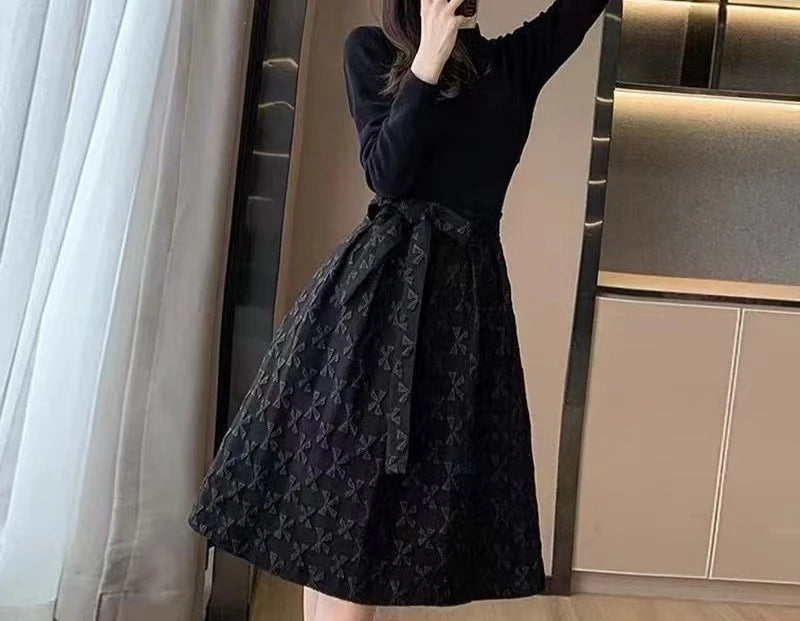 Black Dress for Women in Spring 2025 Fashionable Jacquard Mid Length Design Waist Cinching and Slimming A-line Skirt