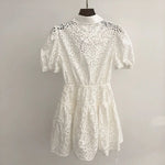 Load image into Gallery viewer, Women's white embroidered dress with short sleeves and waist for office ladies, elegant shirt dress
