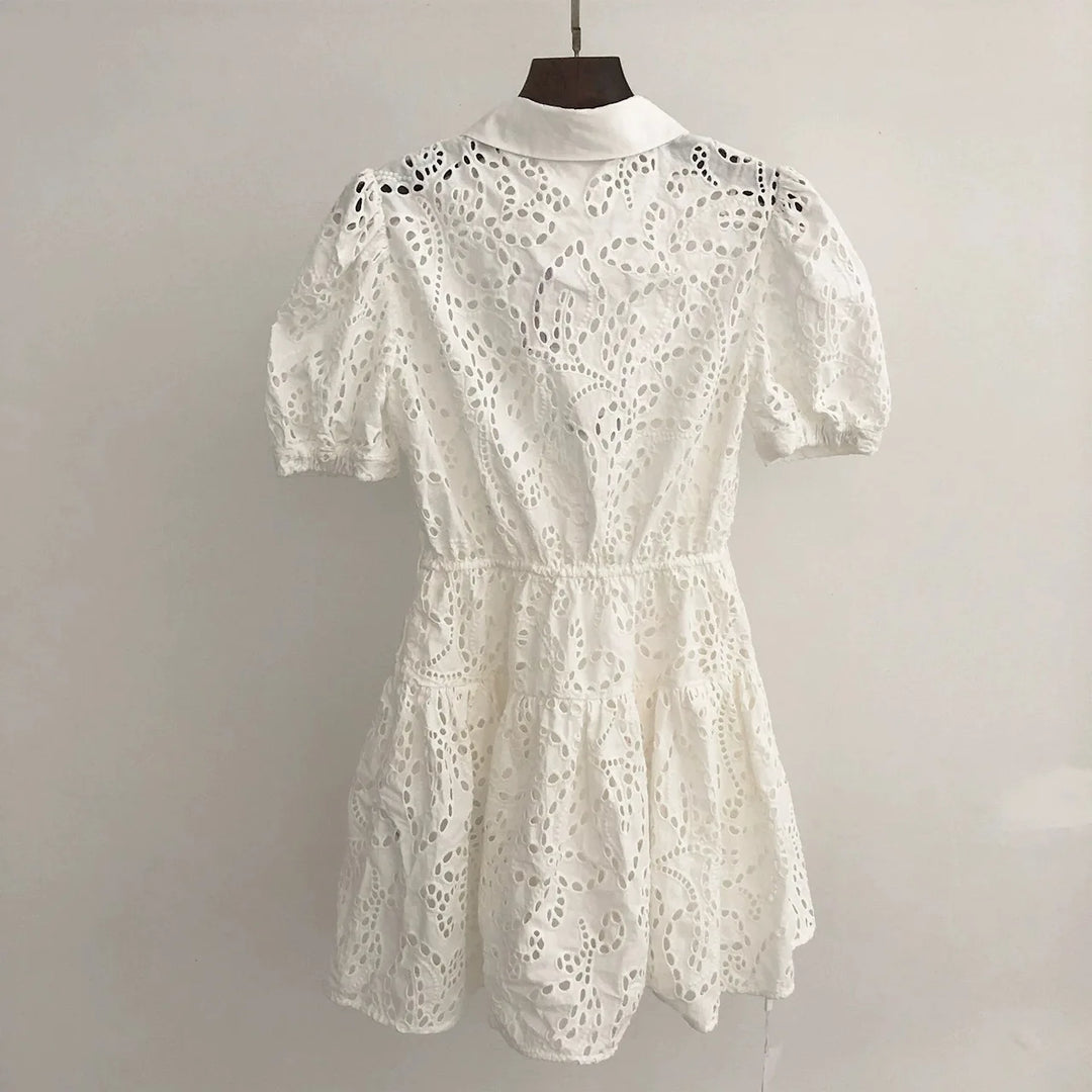 Women's white embroidered dress with short sleeves and waist for office ladies, elegant shirt dress