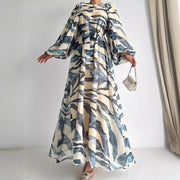 Muslim Women's Dress Casual Fashion Middle Eastern Chiffon Round Neck Tie-Dye with Belt Long Temperament Elegant Arab Dress