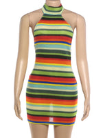 Load image into Gallery viewer, Kliou Stripe Patchwork Mini Dress Woman Bandage Halter Off Shoulder Backless Skinny Peach Hip Hot Girls Street Fashion Bodycon