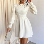 Load image into Gallery viewer, Knitted Dress Women 2025 Autumn Winter New Waist-tied Round Neck Ribbed Pattern Dress