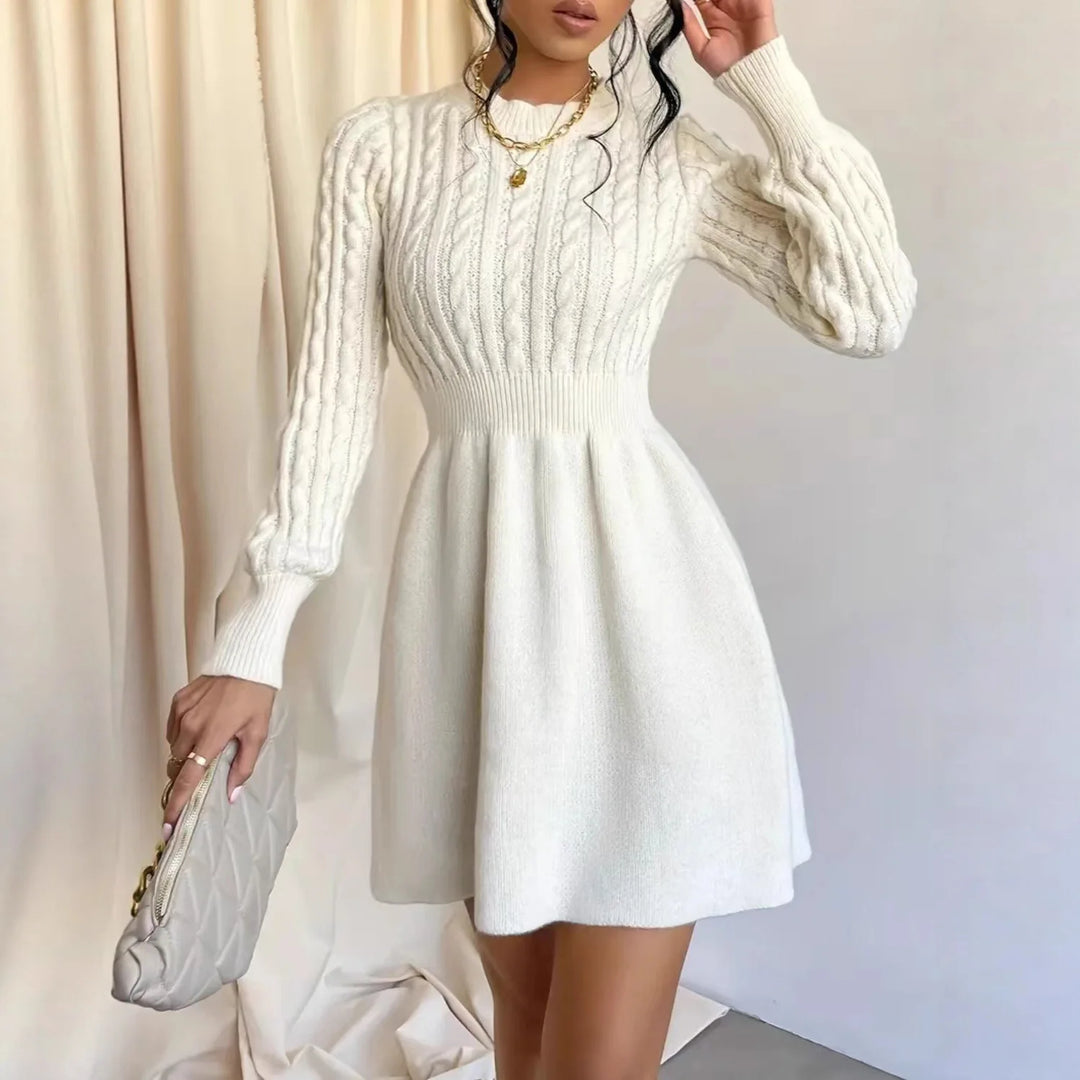 Knitted Dress Women 2025 Autumn Winter New Waist-tied Round Neck Ribbed Pattern Dress