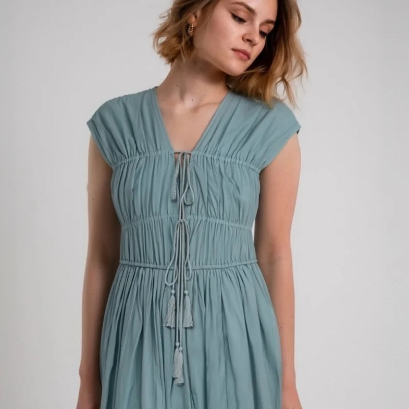 Women's Dress 2026 Summer European Style Deep V Sleeveless Pleated Elegant Chic Drawstring Street Fashion Women's Dress