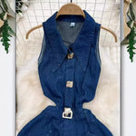 Load image into Gallery viewer, Denim Dress Women Long Dresses Turn Down Collar Sleeveless Party Club Hollow Out Jeans High Waist Slim Single Breasted Vestidos