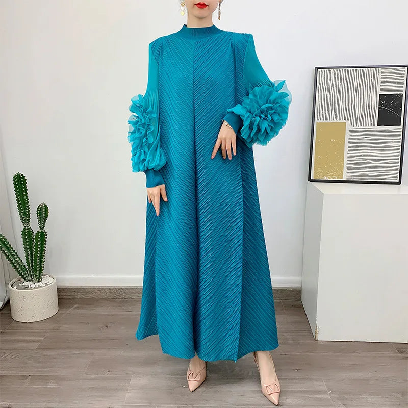 Women Elegant Evening Party Dresses 2025 Summer New Solid Colour Classic Long Sleeve Plate Flower Design Prom Dresses Female